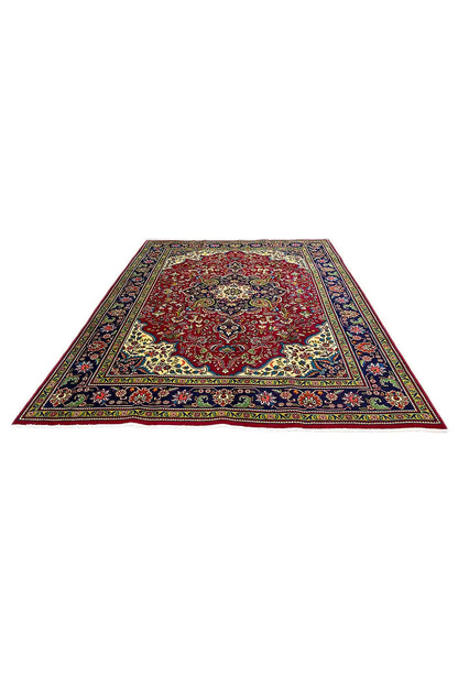 Rectangular Oriental rug, red medallion with multicolored ornaments and blue border