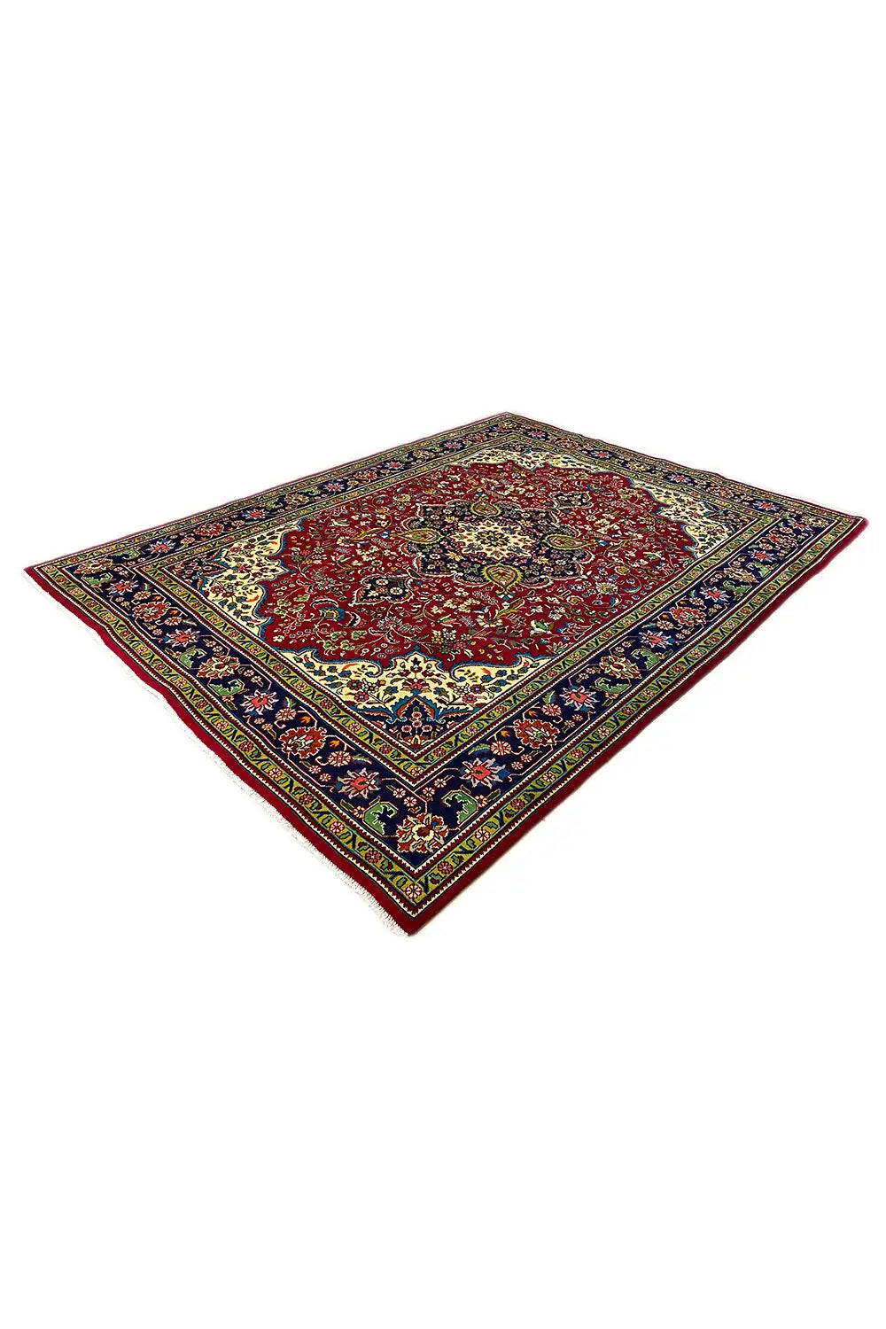 Oriental rug, square-looking pattern with a red center and dark blue border ornaments