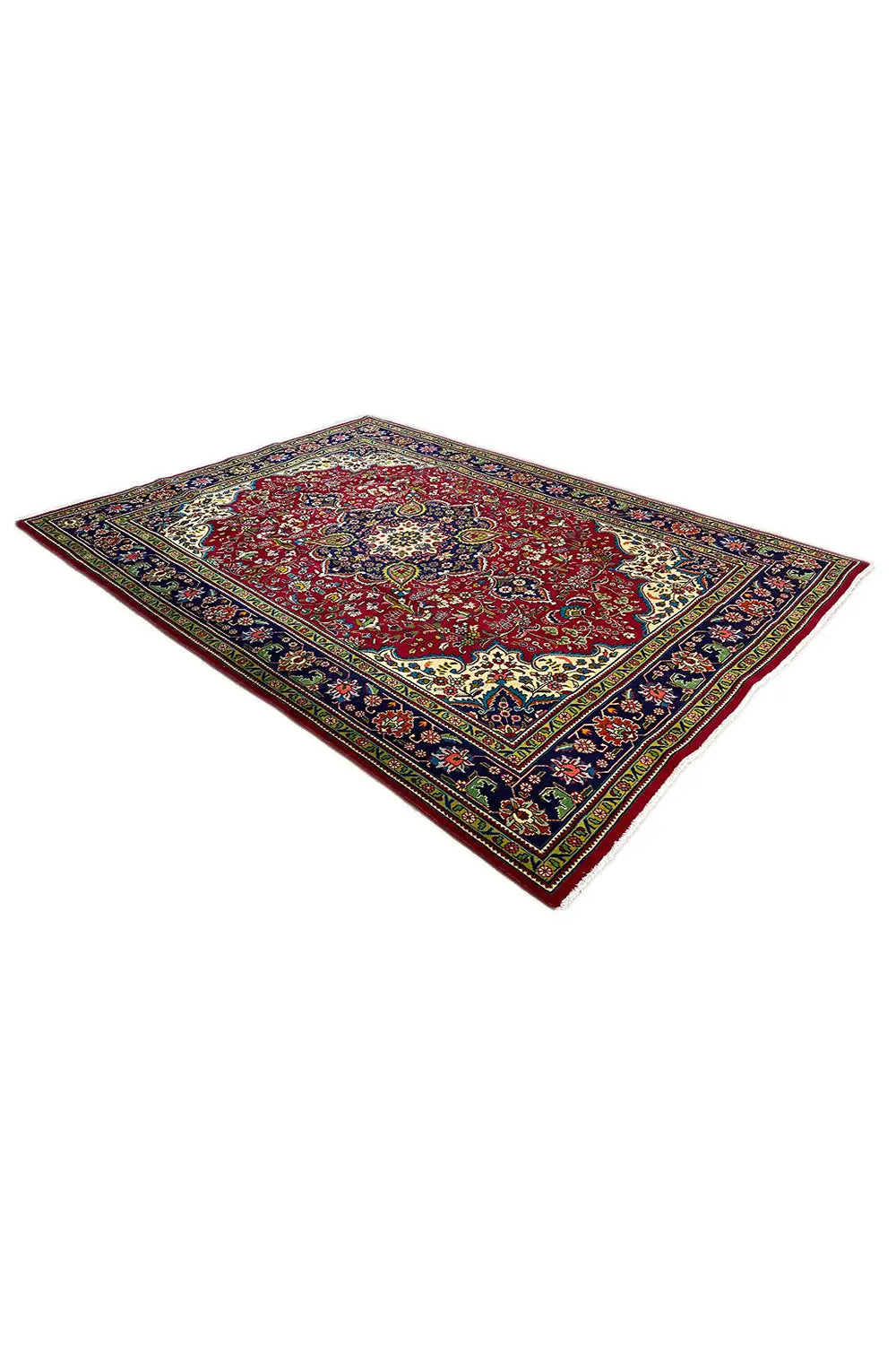 Oriental rug with a red center, dark blue border, and floral ornaments in yellow and green