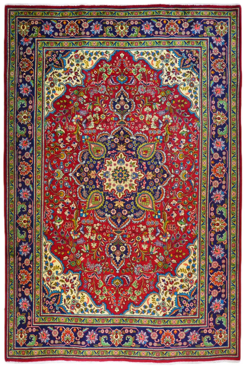 Oriental rug with a red central medallion and blue borders, finely patterned