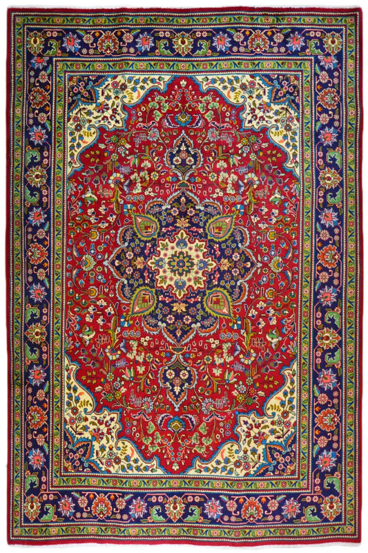 Oriental rug with a red central medallion and blue borders, finely patterned