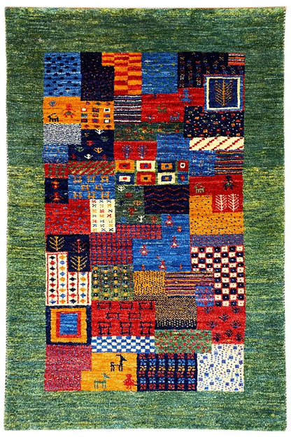 Gabbeh rug 96x60 cm with a green background and colorful patchwork squares