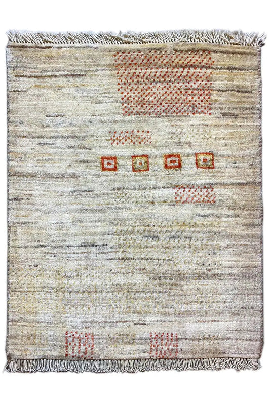 Gabbeh rug 59x47 cm, beige flat weave with red checked patterns, fringes all around