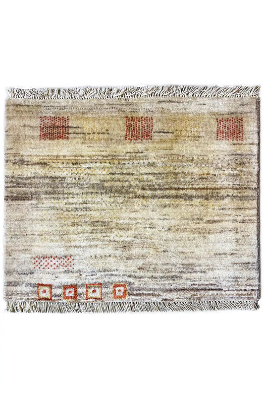 Gabbeh rug 42x52 cm with light stripes, orange diamonds, a border all around, and fringes