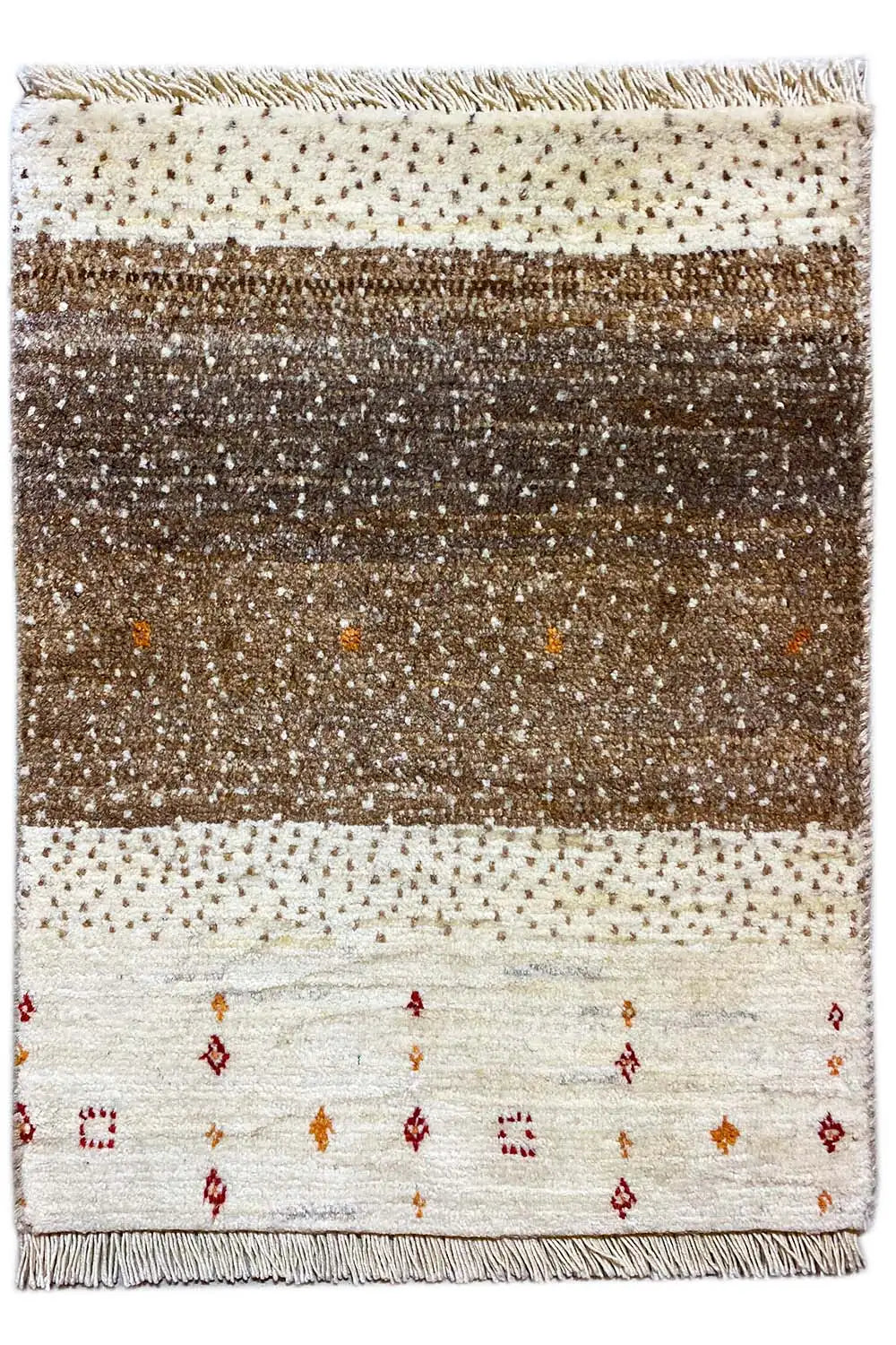 Gabbeh rug with wide brown stripes, colorful dots, a cream-colored border, and fringe