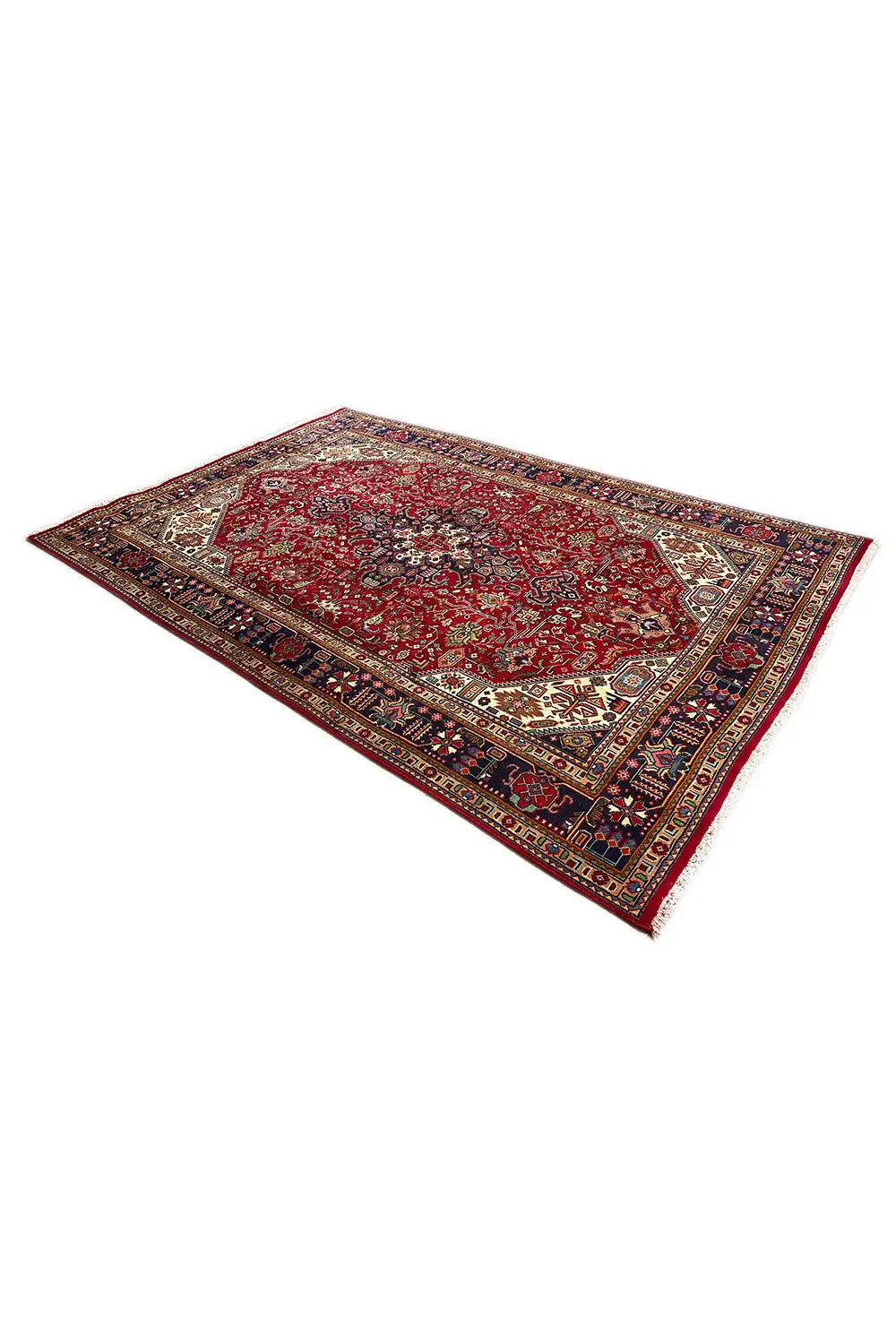Oriental rug with a red central motif and multicolored decorative elements, rectangular
