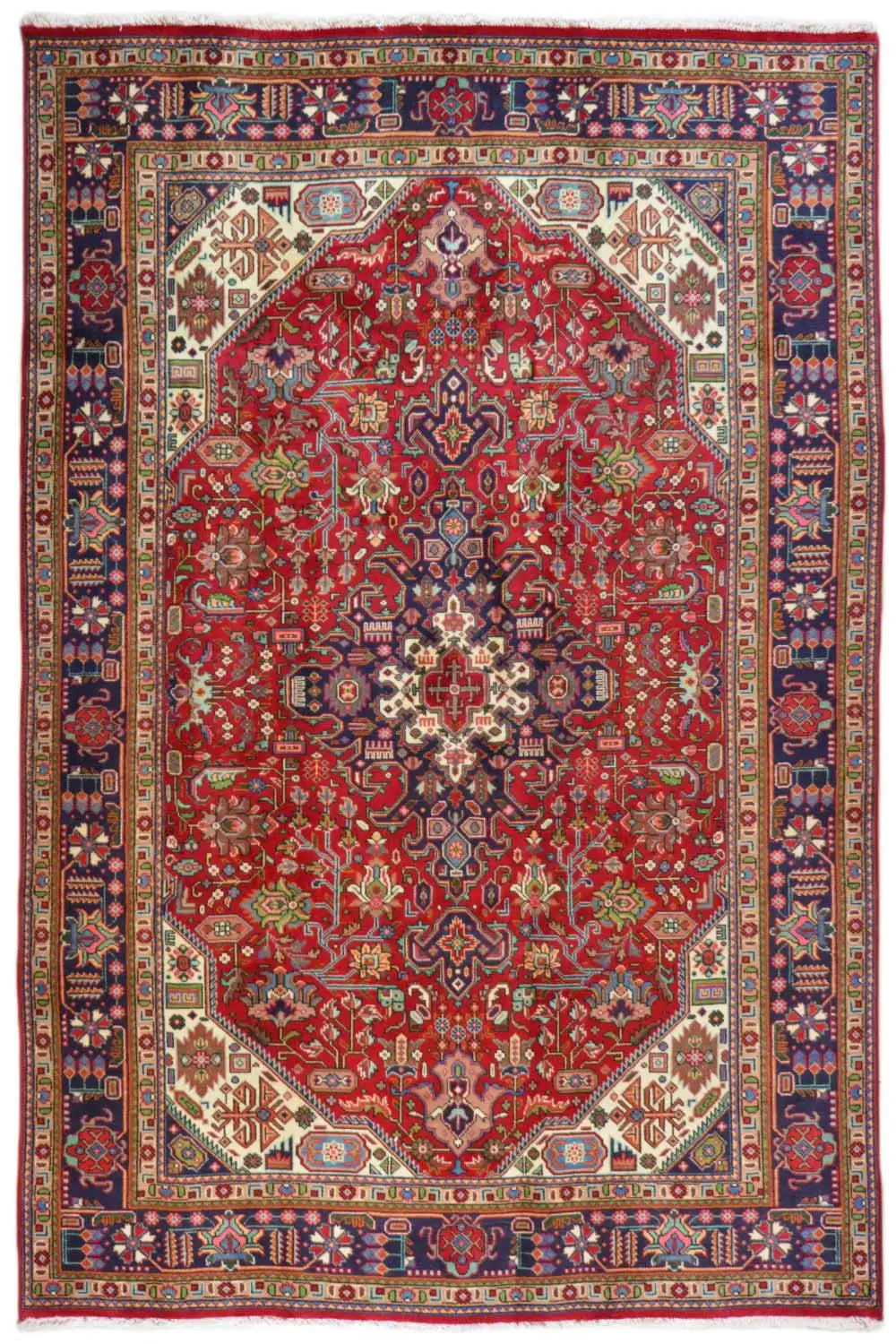 Oriental rug with a red medallion and blue border pattern, rectangular