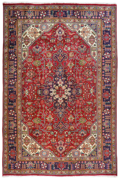 Oriental rug with a red medallion and blue border pattern, rectangular