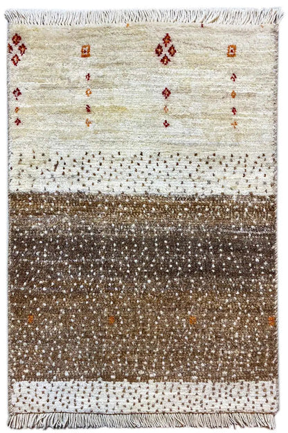 Gabbeh rug 59x41 cm with a beige upper field, brown central section, decorative patterns, and fringes
