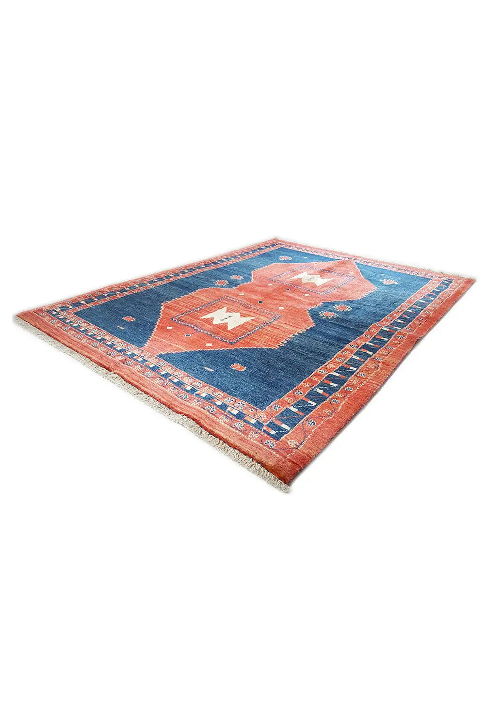 Rug viewed from above: blue-red geometric pattern with a medallion in the center, rectangular border