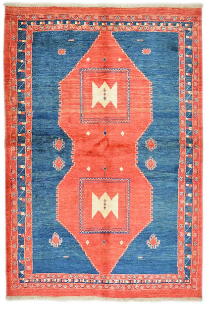 Carpet with a blue ground, orange-red border, and geometric medallion pattern