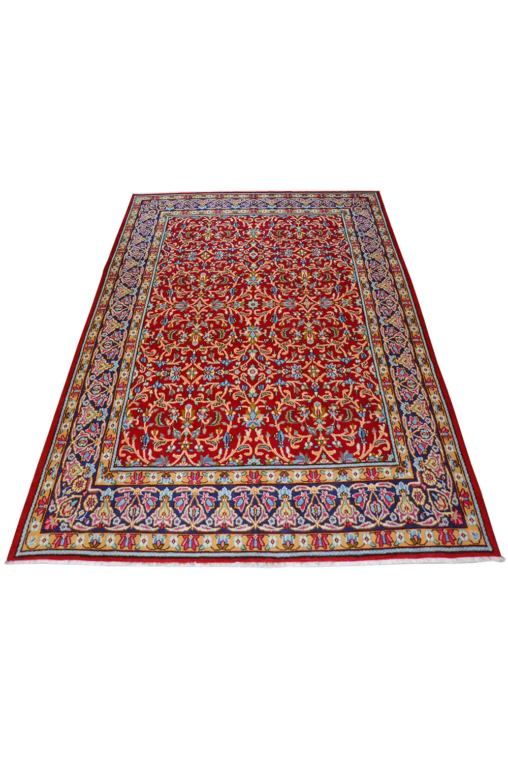Kerman rug with red medallion design and multicolored border, rectangular