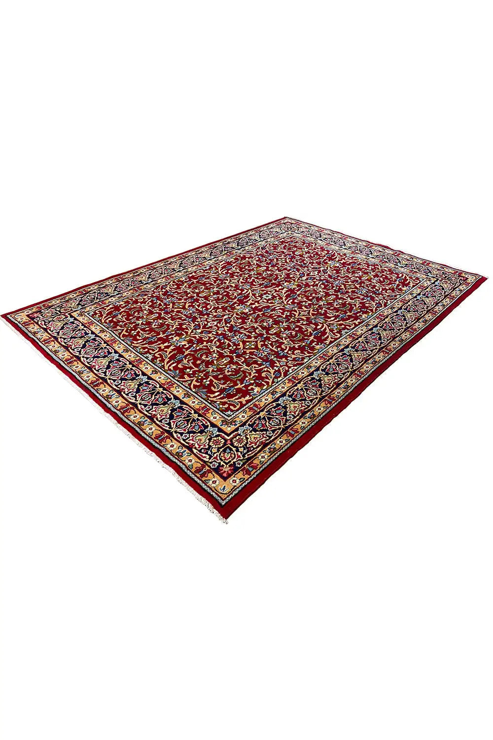 Kerman rug, red patterned with border, rectangular, diagonal view