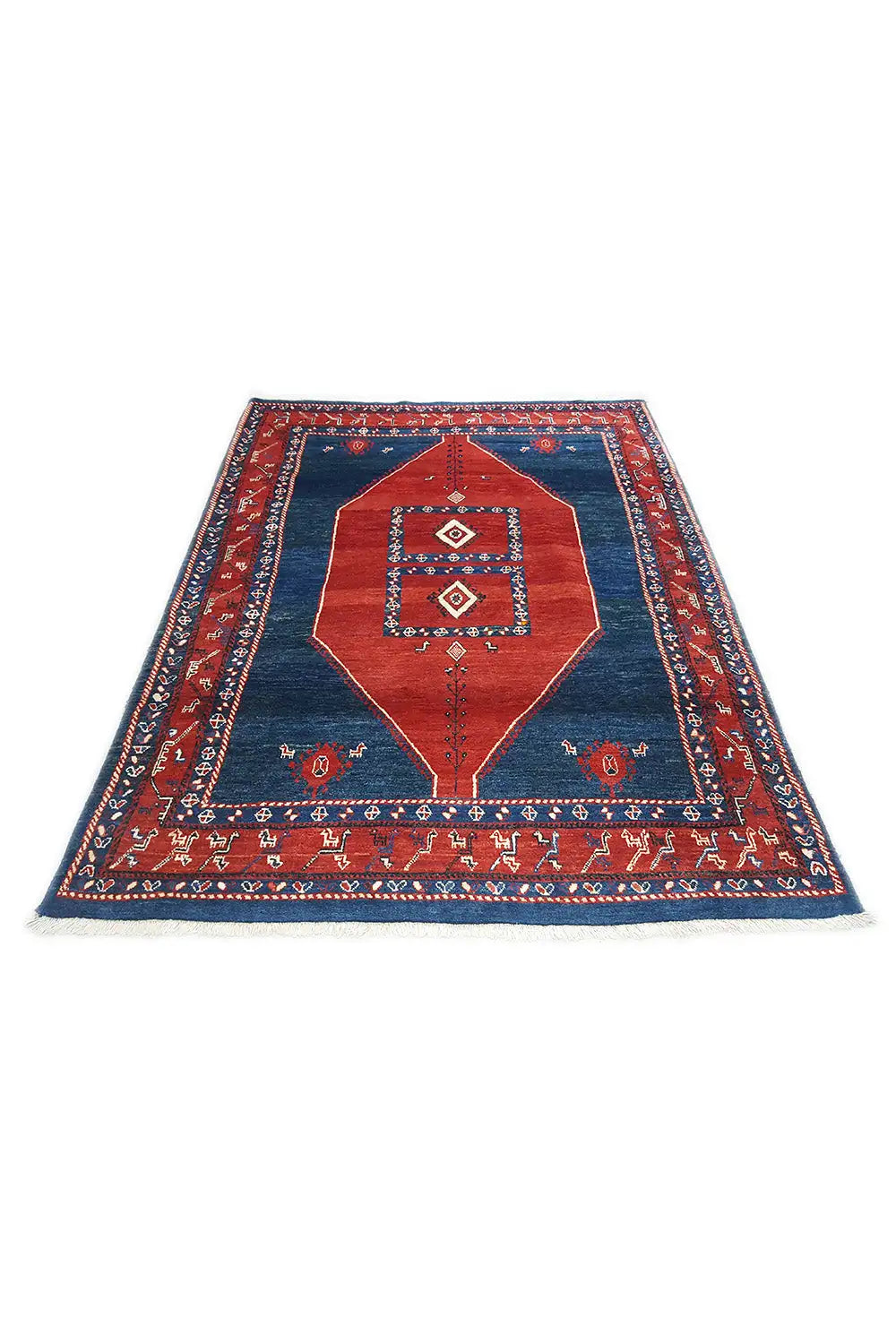 Yalameh rug (171x119 cm) in Oriental style, blue with a red medallion and border