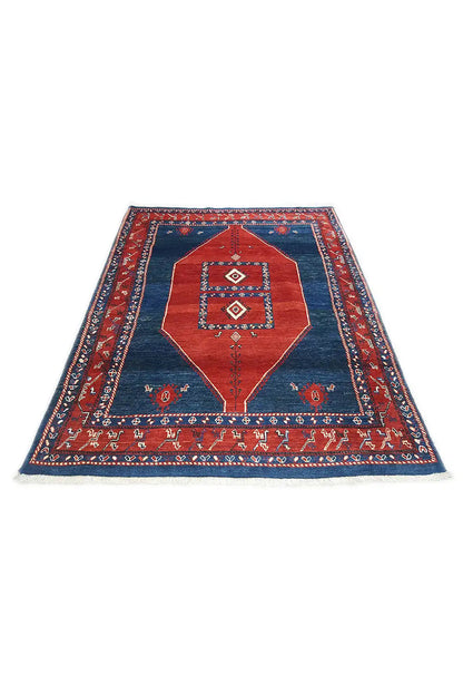 Yalameh rug (171x119 cm) in Oriental style, blue with a red medallion and border