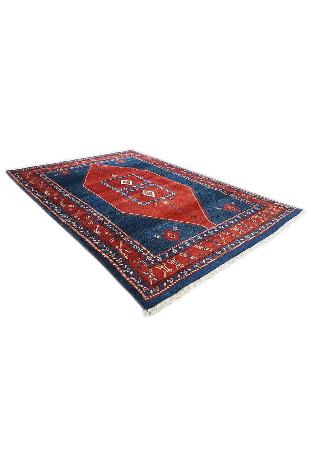 Oriental-style rug, blue border with a red, teardrop-shaped medallion and patterned edging