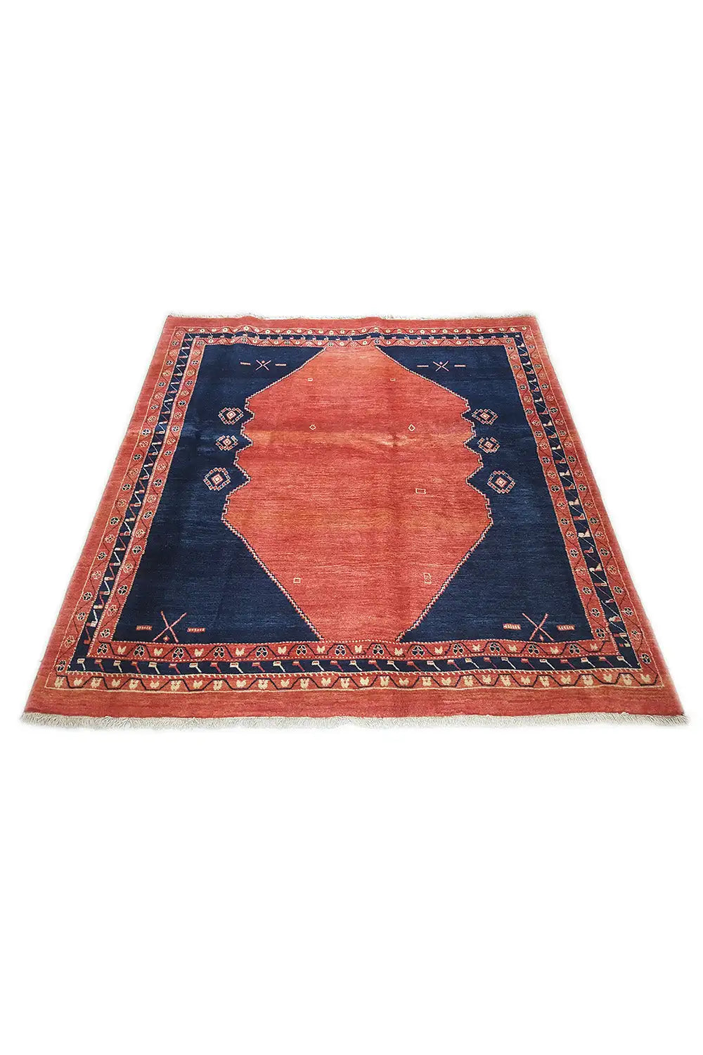 Yalameh rug 210x199 cm, red-orange field with a blue border pattern
