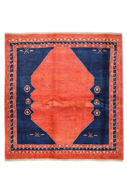 Yalameh rug 210x199 cm, red and blue geometric patterned rug with border