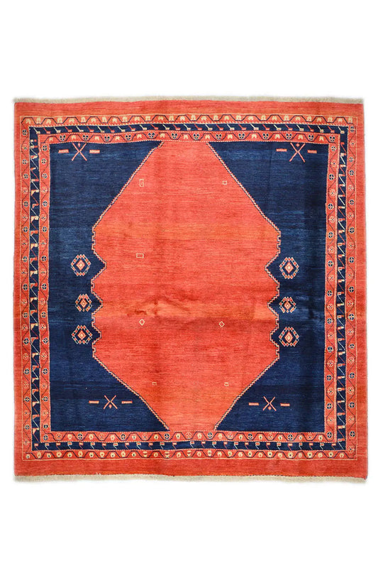 Yalameh rug 210x199 cm, red and blue geometric patterned rug with border