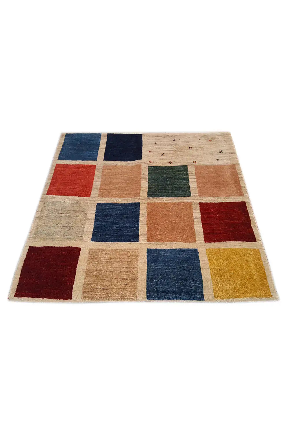 Gabbeh rug 81x76 cm with patchwork squares in beige, blue, red, green, and yellow