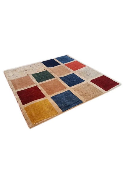 Gabbeh rug 81x76 cm, patchwork squares in blue, red, green and yellow