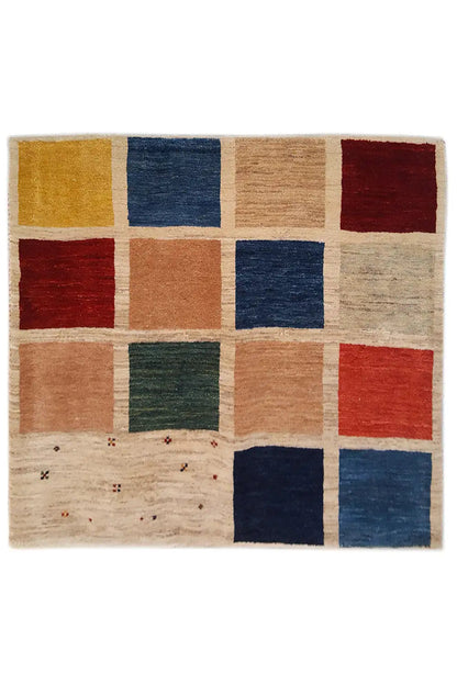Gabbeh rug 81x76 cm with square patchwork in beige, blue, red, and green