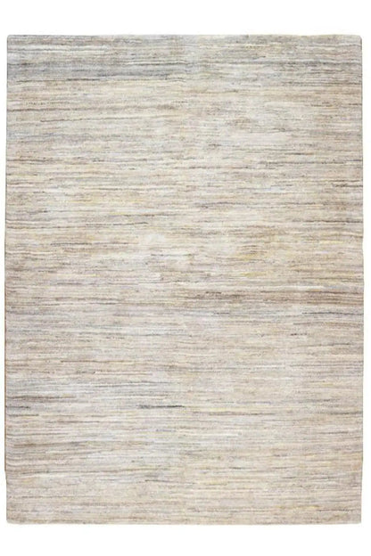 Natural gabbeh rug, square view with a fine gray-beige striped pattern
