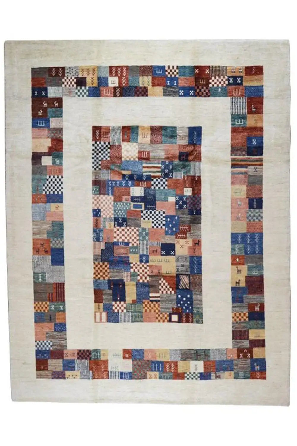 Hand-spun pure new wool rug with a multicolored medallion motif in a patchwork style