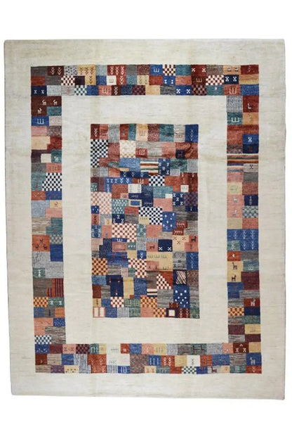 Hand-spun pure new wool rug with a multicolored medallion motif in a patchwork style