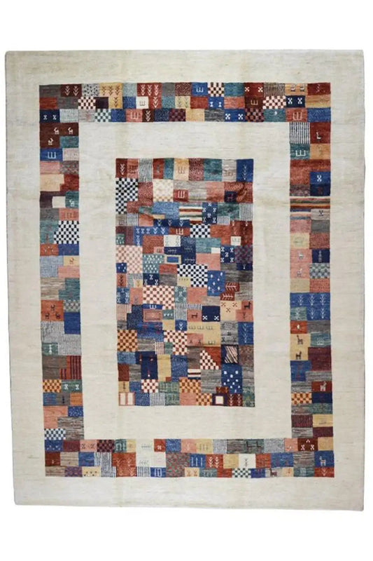 Hand-spun pure new wool rug with a multicolored medallion motif in a patchwork style