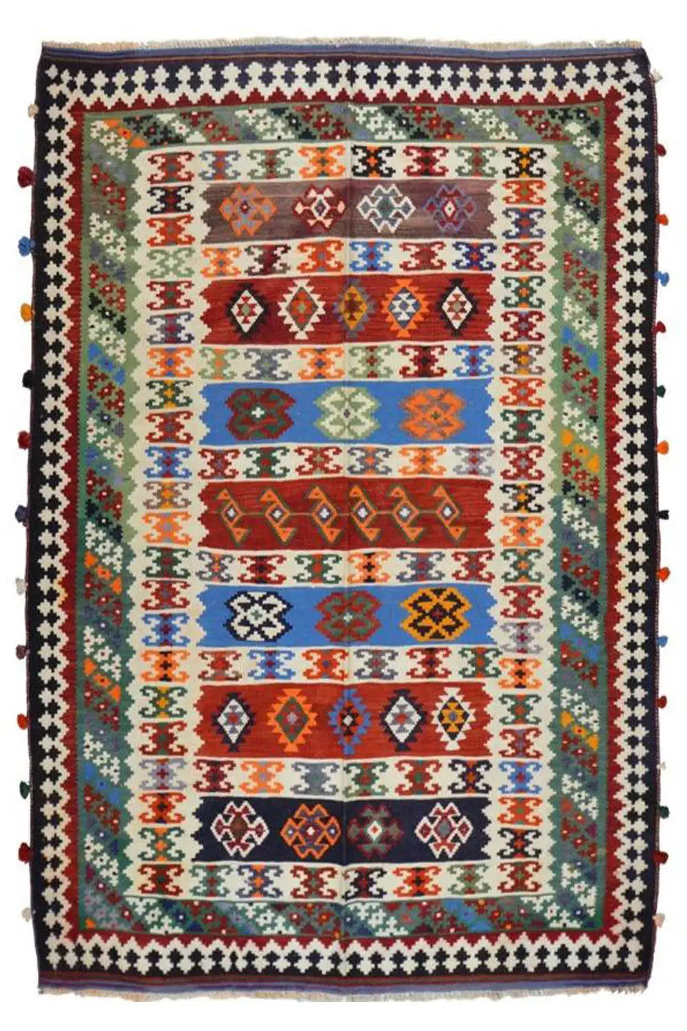 Qashqai rug, centered colorful grid of patterns with a dark-bordered edge