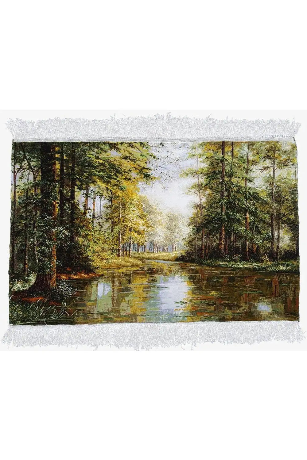 Picture rug 106x67 cm with a forest stream design, fringed edges, rectangular