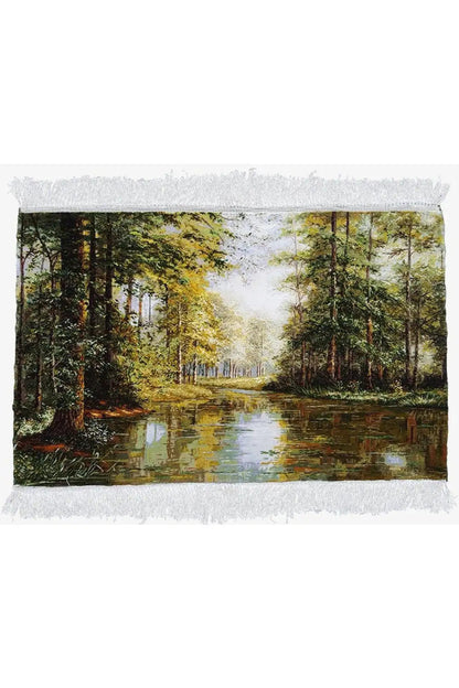 Picture rug 106x67 cm with a forest stream design, fringed edges, rectangular