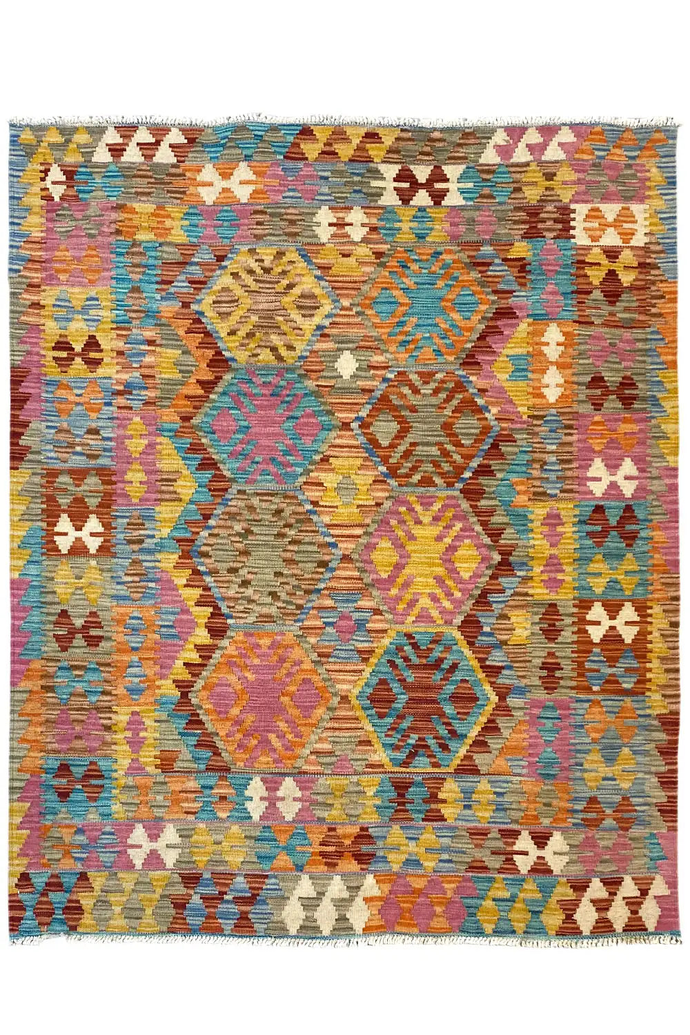 Kilim rug with a symmetrical geometric pattern, multicolored, rectangular