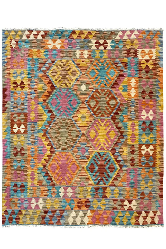 Kilim rug with a symmetrical geometric pattern, multicolored, rectangular