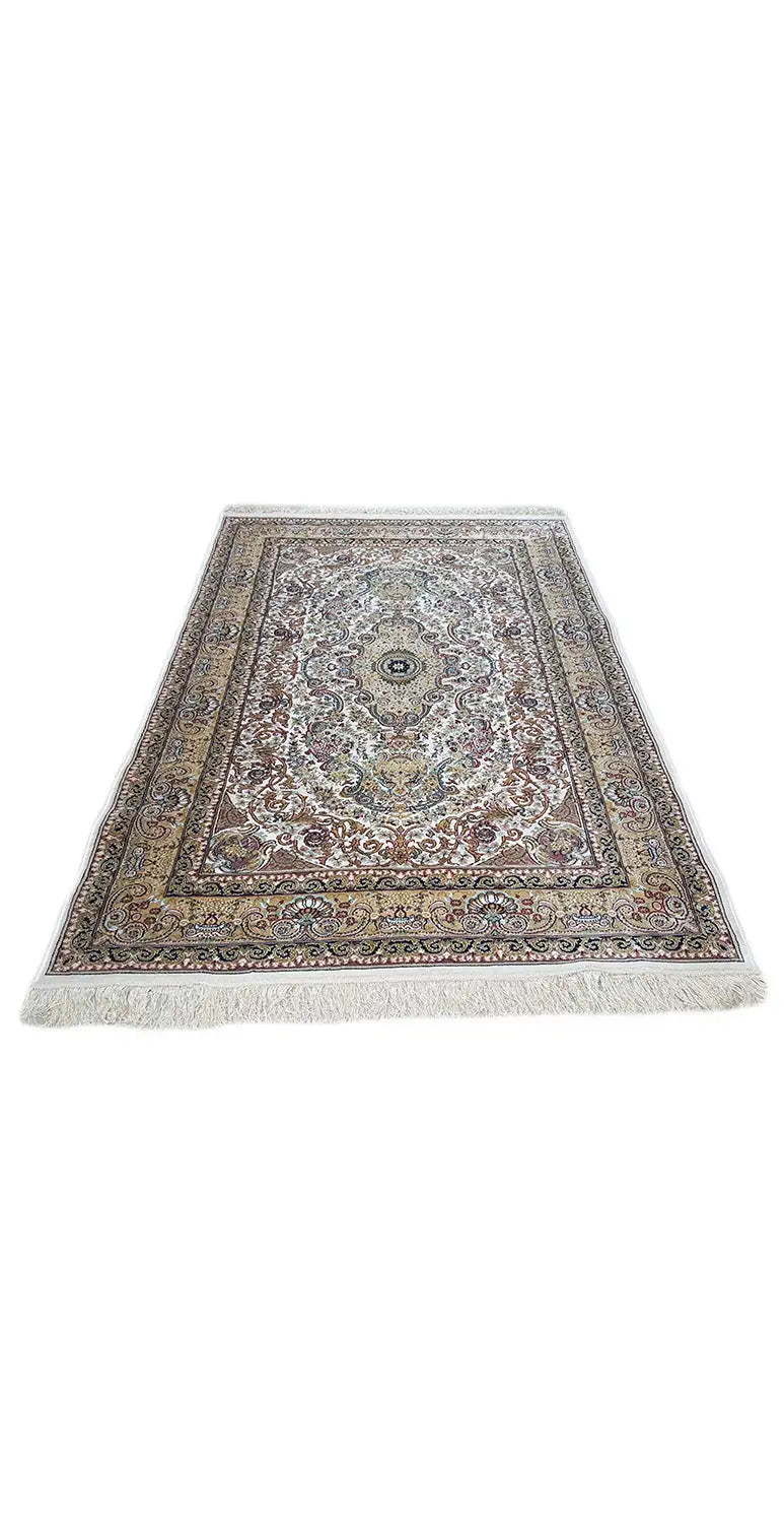 Machine-woven rug, flat, cream with a multicolored medallion and border