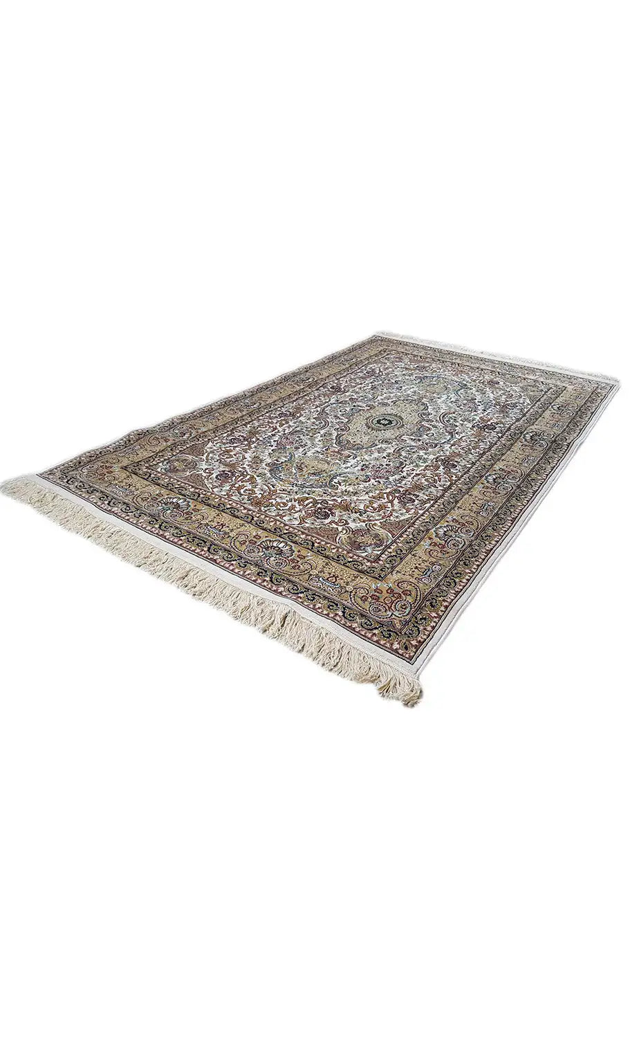 Machine-woven rug with medallion pattern, turned corner, cream, blue, red
