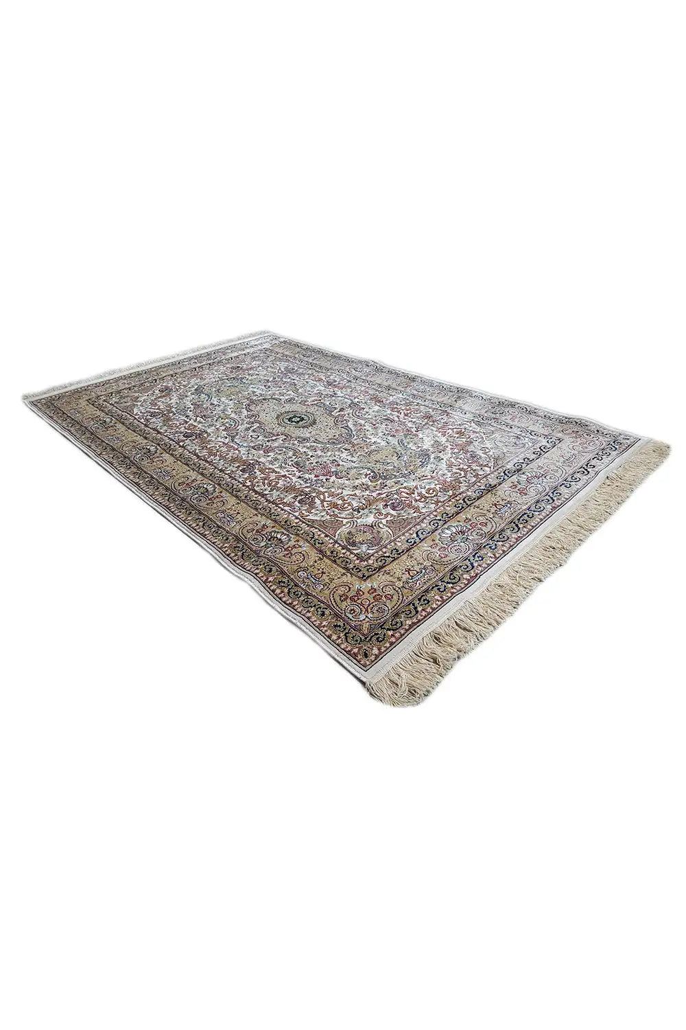 Machine-woven rug with border and medallion, 3/4 view, cream with blue