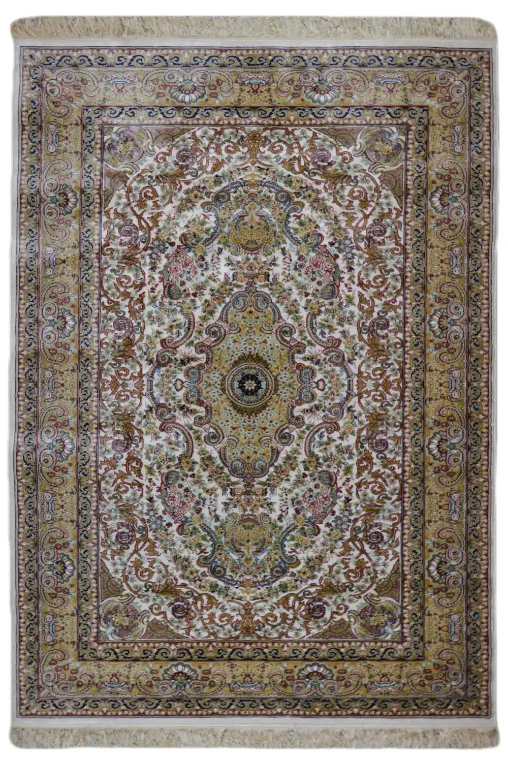 Machine-woven rug with an oriental medallion pattern, cream-colored with blue and red