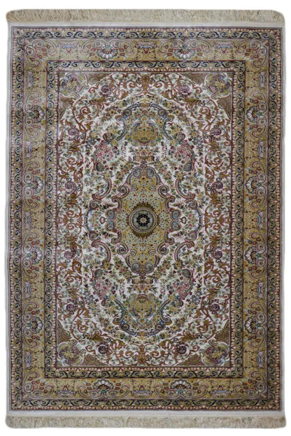 Machine-woven rug with an oriental medallion pattern, cream-colored with blue and red