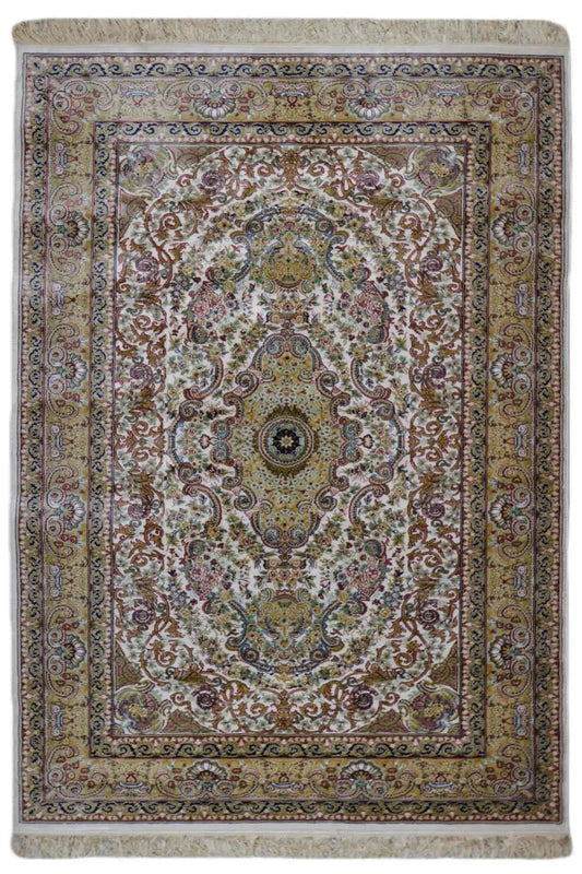 Machine-woven rug with an oriental medallion pattern, cream-colored with blue and red