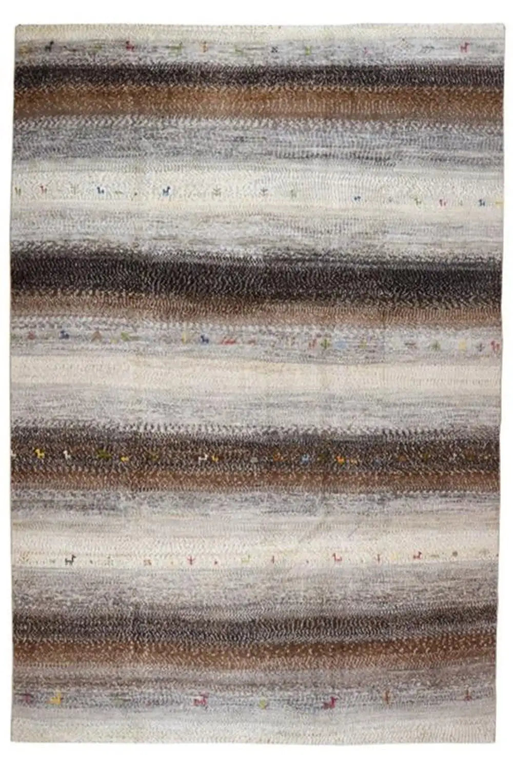 Gabbeh rug laid flat, striped in cream, gray, and brown
