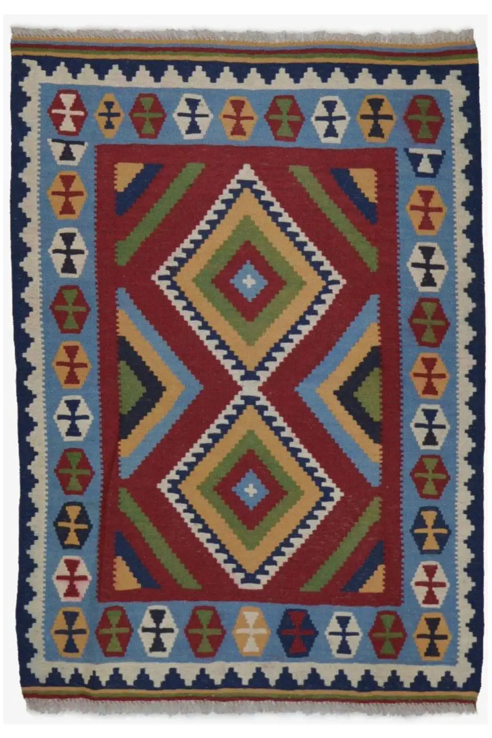 Kilim rug Qashqai with central diamonds and multicolored triangular stripes in the border