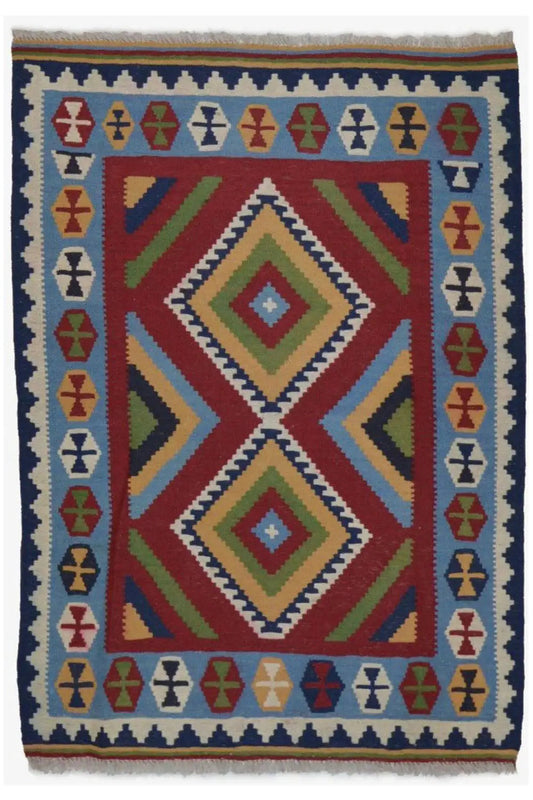 Kilim rug Qashqai with central diamonds and multicolored triangular stripes in the border