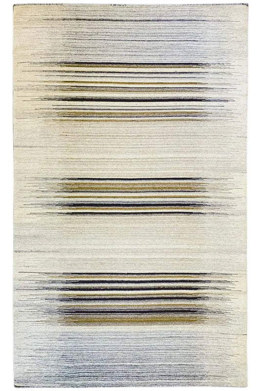 Dhurrie rug as a whole: rectangular surface with horizontal lines in gray and brown