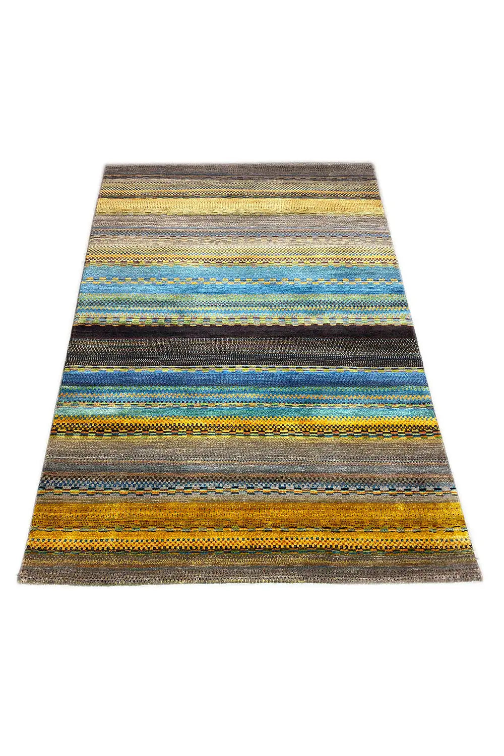 Gabbeh rug with a horizontal striped pattern in blue, yellow, and dark brown.