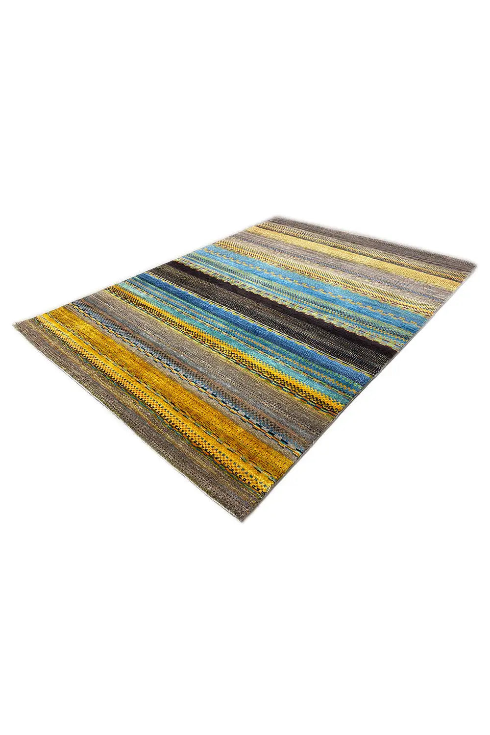 Gabbeh rug from an angled view: striped design in blue, yellow, and brown.