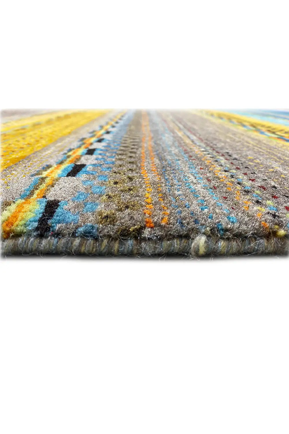 Gabbeh rug with dense fringe along the edge, stripes in blue and yellow.