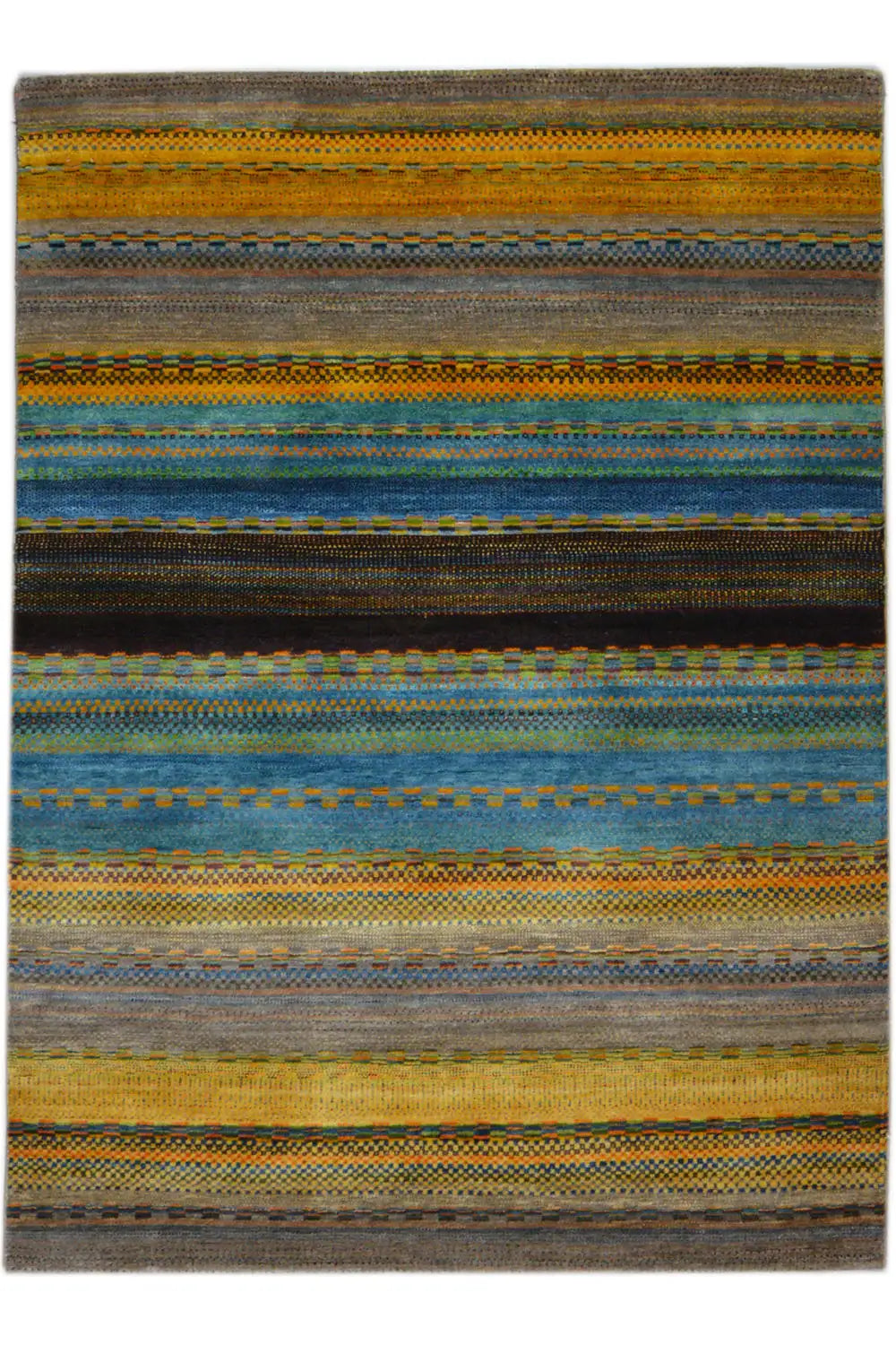 Gabbeh rug with multicolored stripes in blue, yellow, and brown, 201×143 cm.