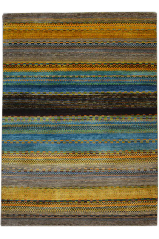 Gabbeh rug with multicolored stripes in blue, yellow, and brown, 201×143 cm.